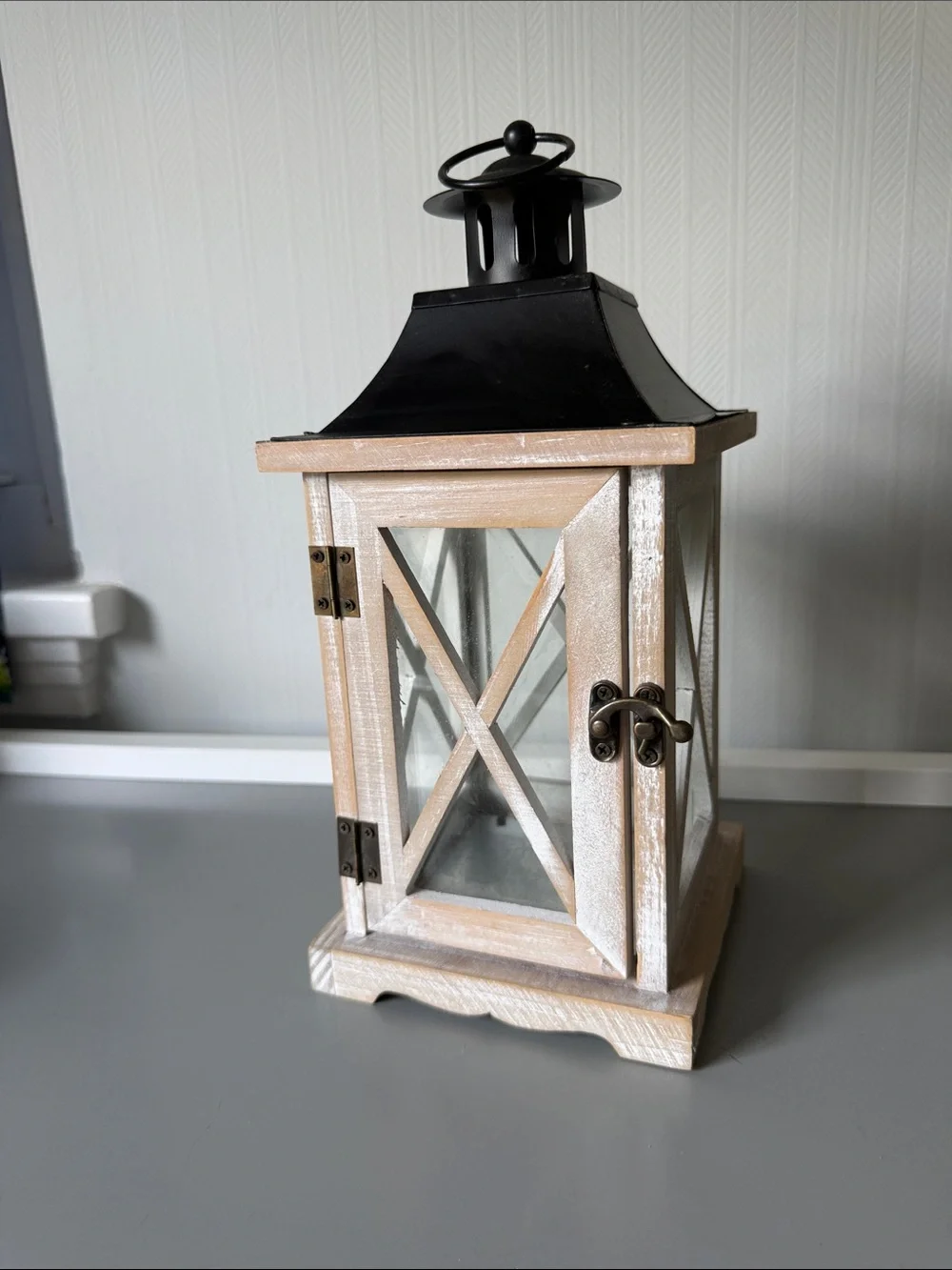 Distressed Wood & Metal Hurricane Pillar Candle Lantern White & Black 12
